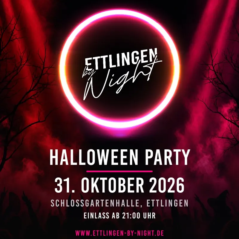 Flyer der Halloween Party: leuchtender Ettlingen-by-Night-Neonring über blutroten Lichtstrahlen, Bodennebel und kahlen Ästen